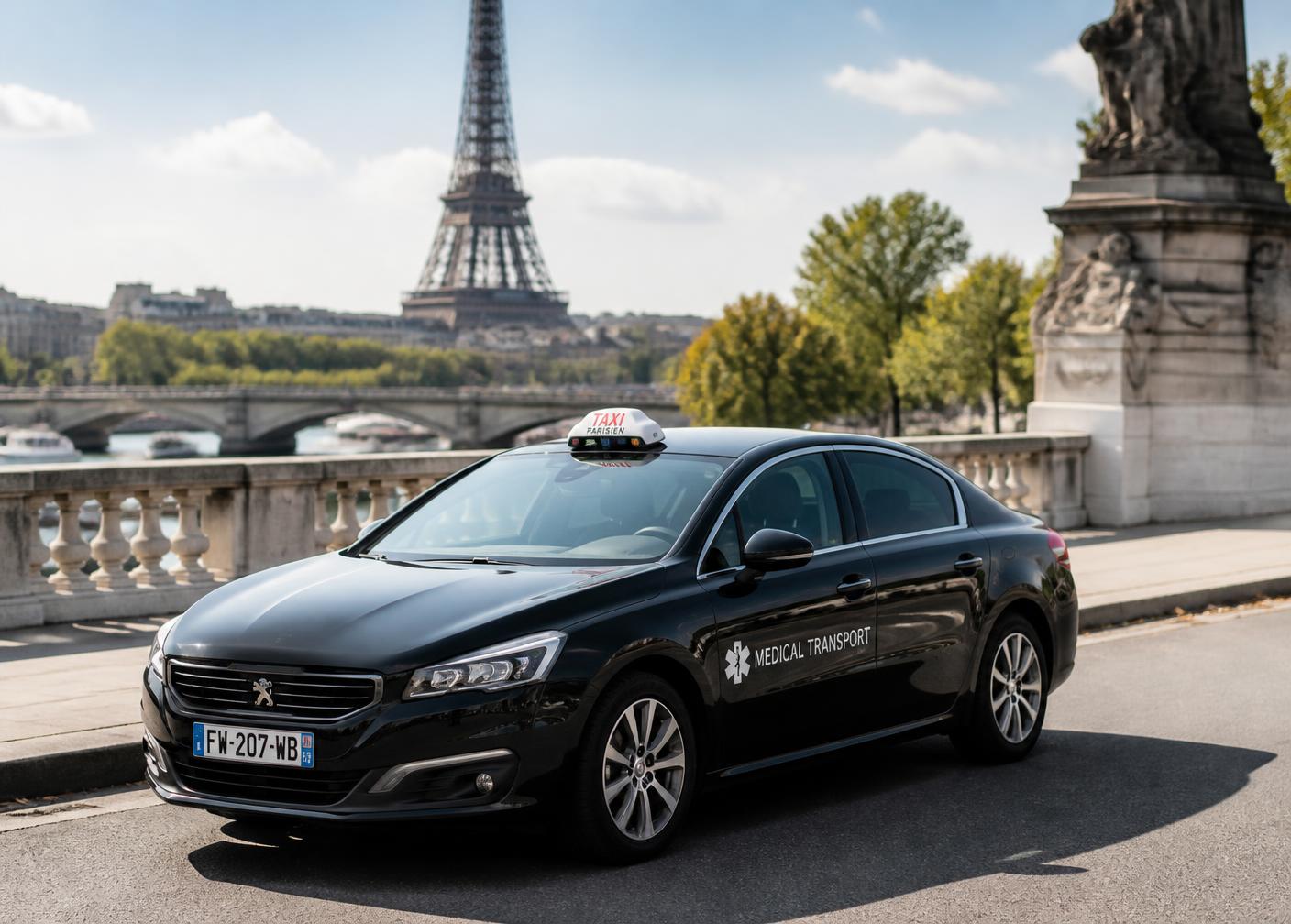 Taxi conventionné pour transport médical stationné dans une rue de Paris