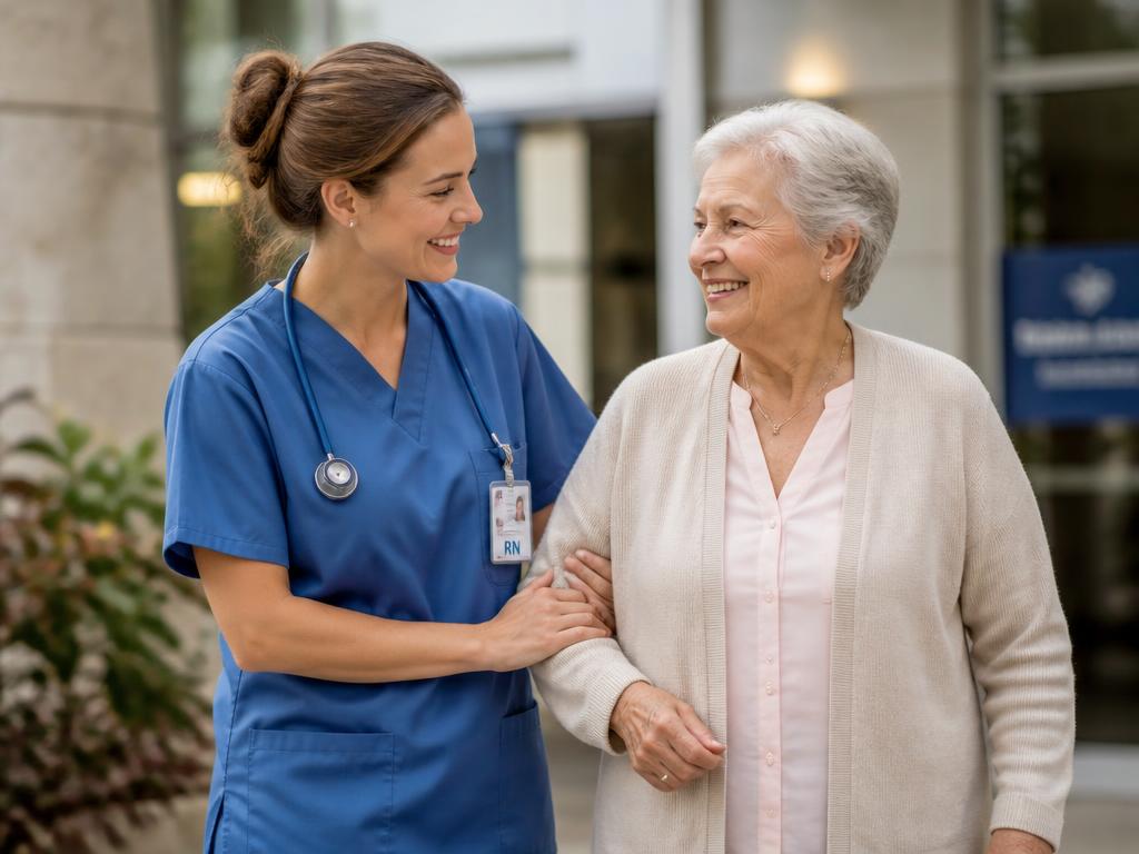 Soignante accompagnant une patiente âgée devant un établissement de santé